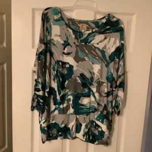 Business casual or dressy knit top in gray, cream and aqua shades